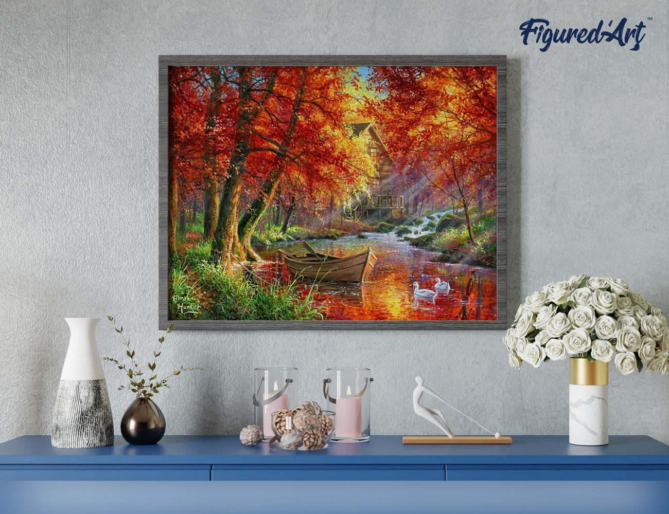 Paint by numbers Autumn River and Boat - Framed canvas