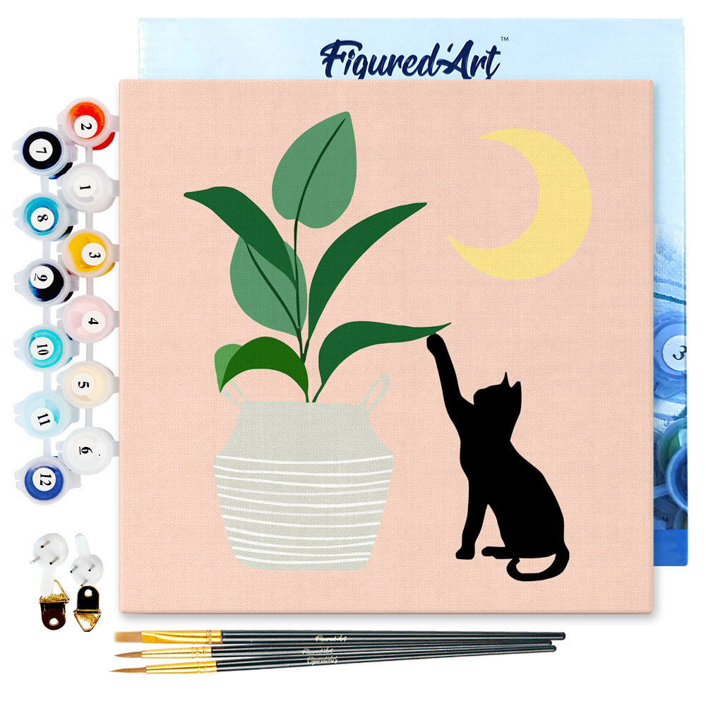 Mini Paint by numbers Cat plays with plant in the moonlight 20x20cm Framed canvas