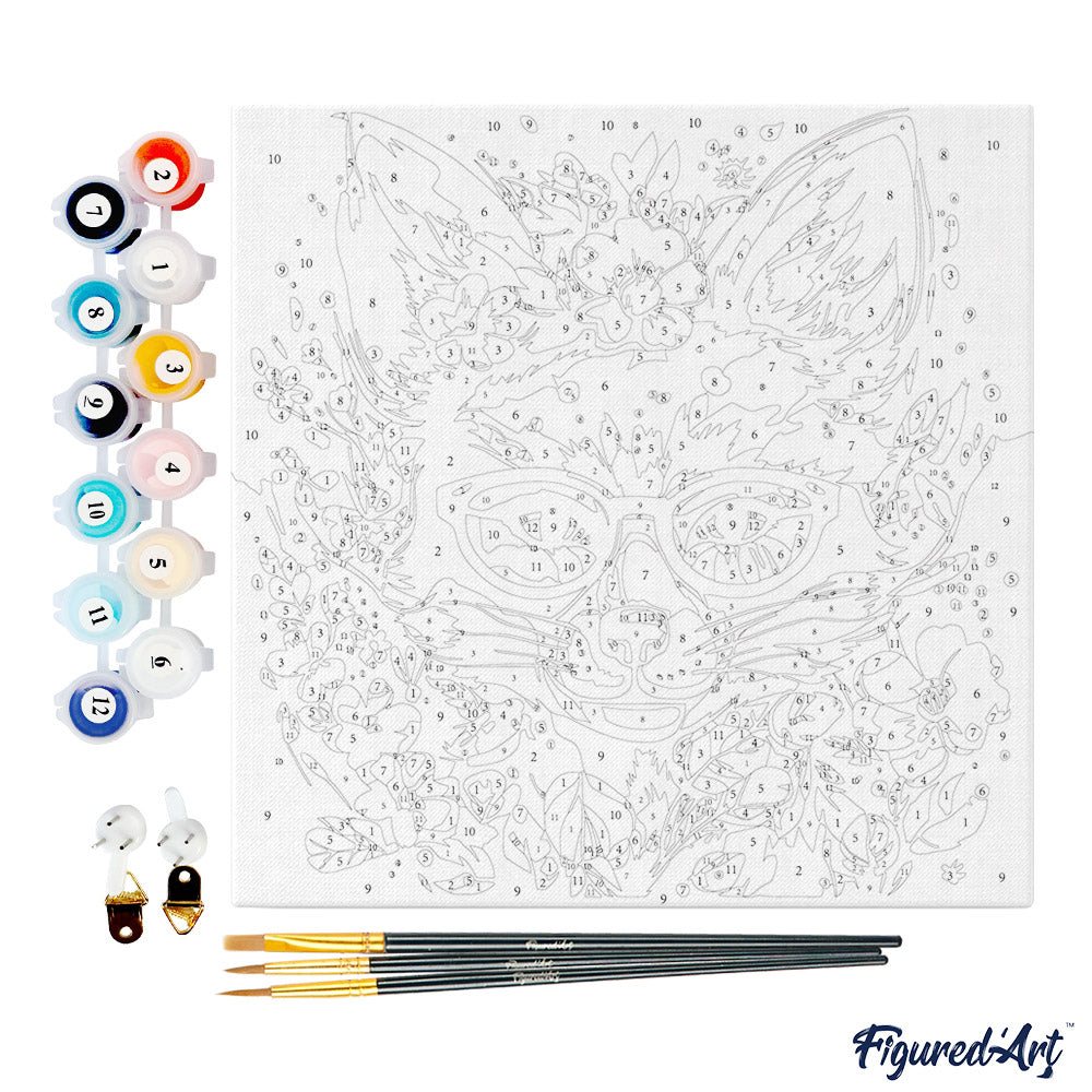 Mini Paint by numbers Fantasy fox and flowers 20x20cm Framed canvas