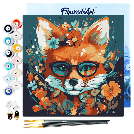 Mini Paint by numbers Fantasy fox and flowers 20x20cm Framed canvas