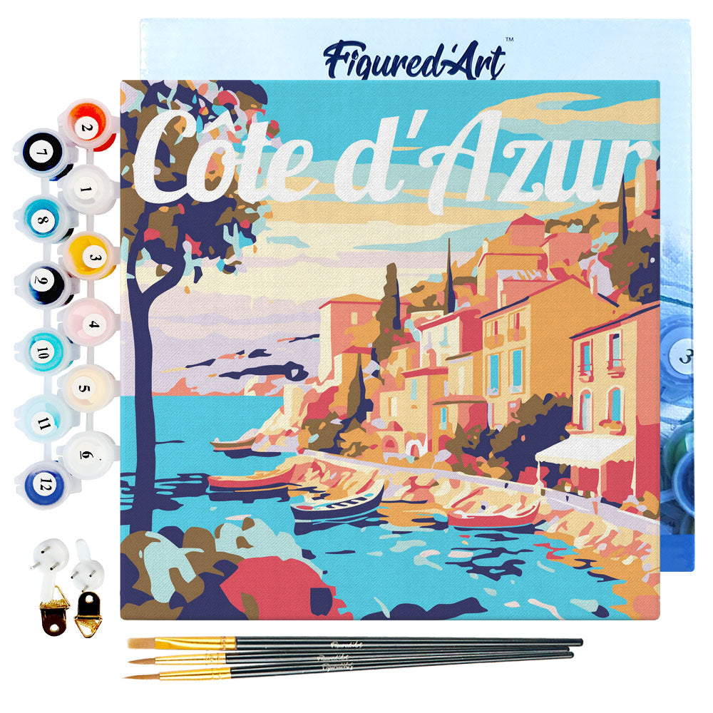 Mini Paint by numbers Travel Poster Cote d'Azur 20x20cm Framed canvas