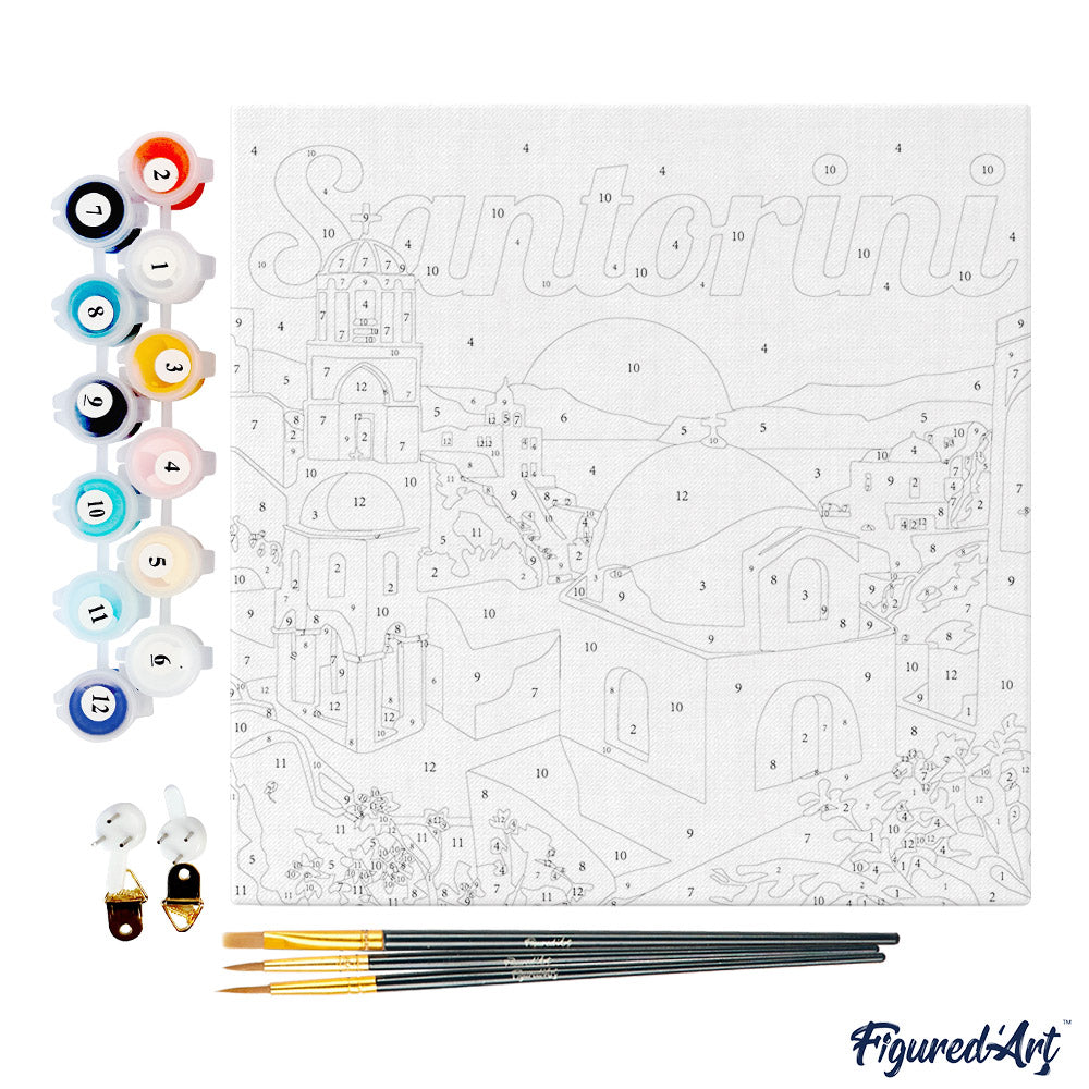 Mini Paint by numbers Travel Poster Santorini Sunrise 20x20cm Framed canvas