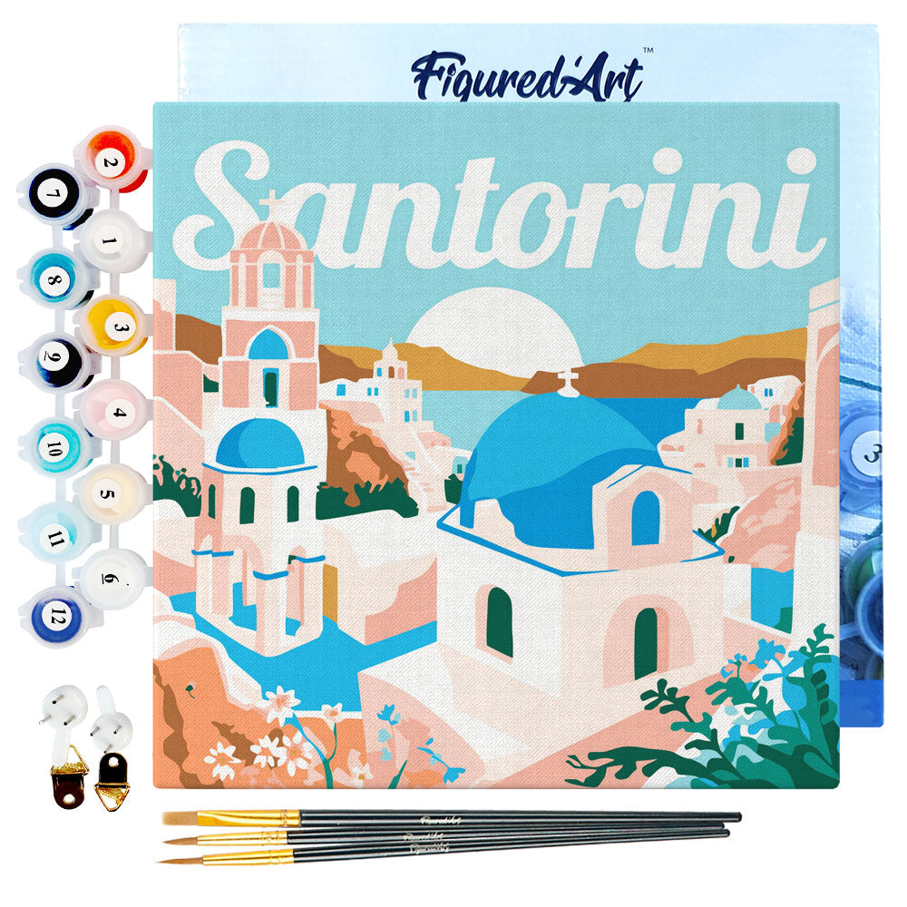 Mini Paint by numbers Travel Poster Santorini Sunrise 20x20cm Framed canvas