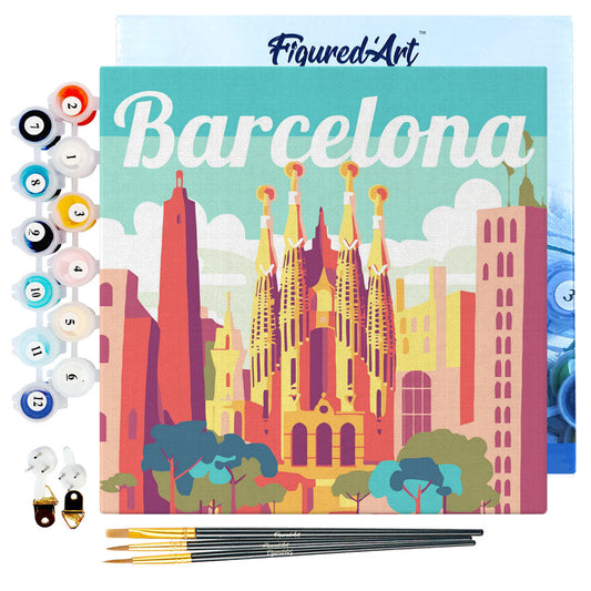 Mini Paint by numbers Travel Poster Barcelona 20x20cm Framed canvas