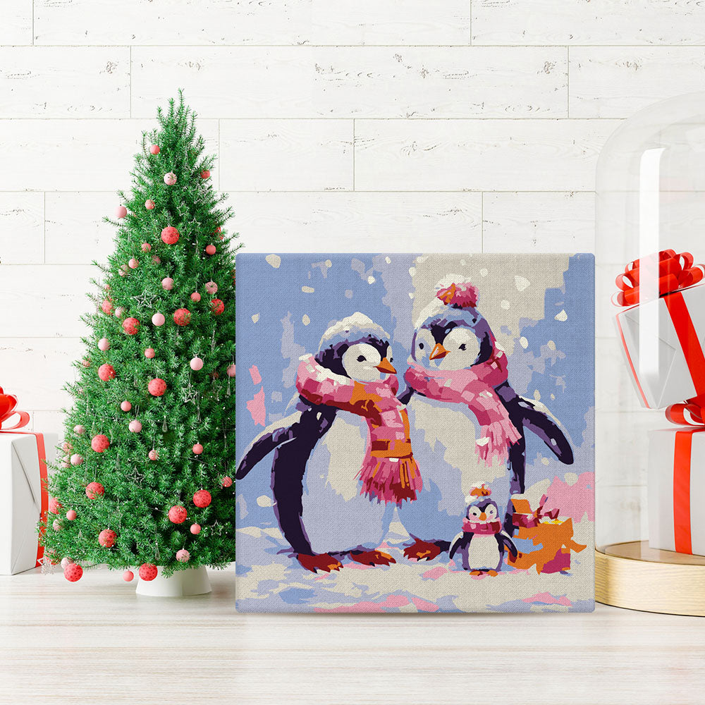 Mini Paint by numbers Penguin Family in Snow 20x20cm Framed canvas