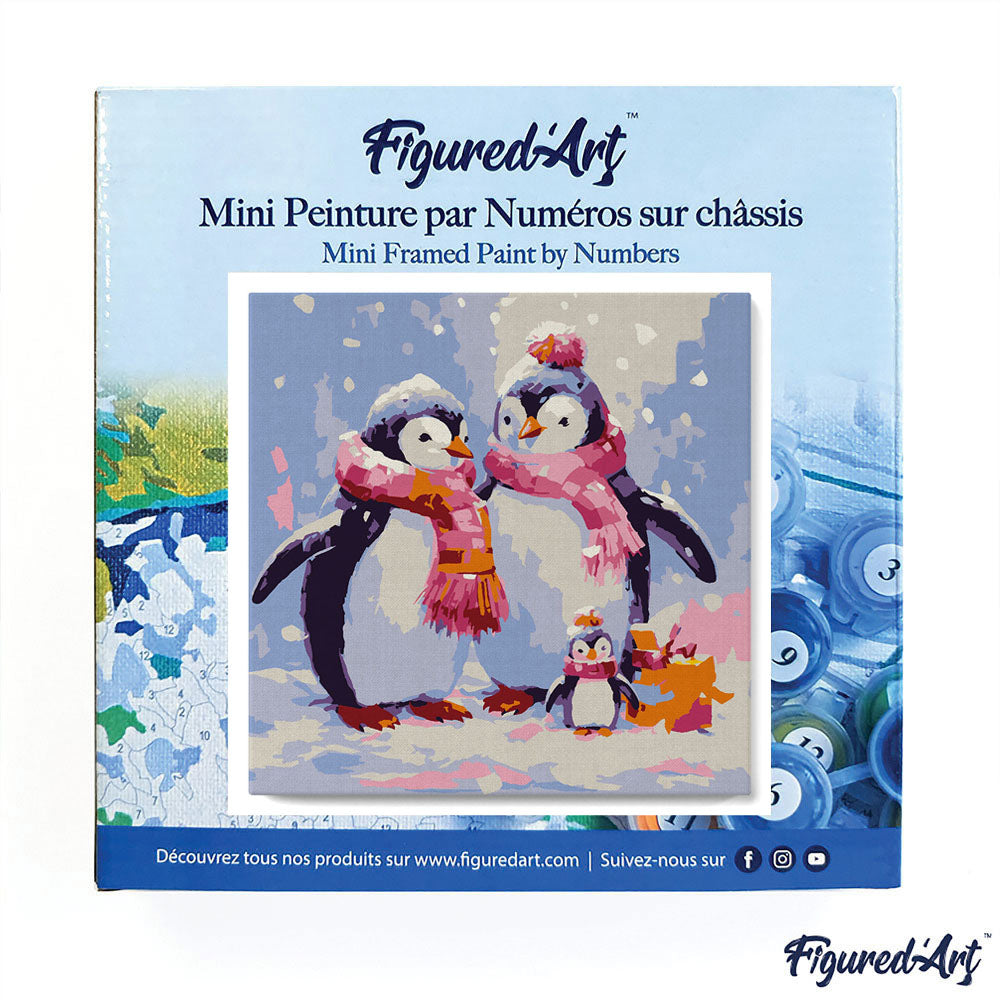 Mini Paint by numbers Penguin Family in Snow 20x20cm Framed canvas