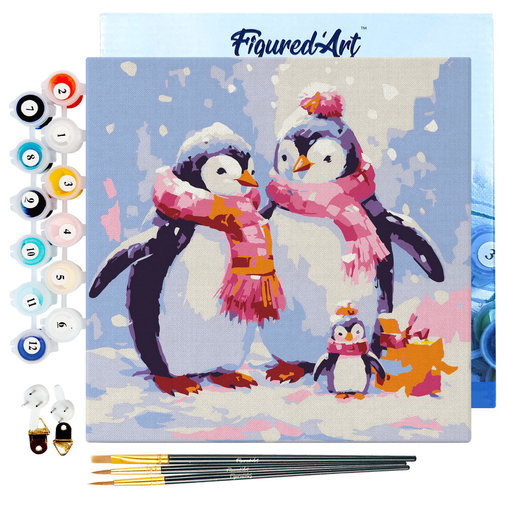 Mini Paint by numbers Penguin Family in Snow 20x20cm Framed canvas